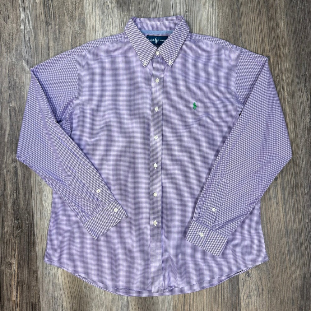 Ralph Lauren Mens XL Custom Fit Purple Gingham Check Preppy Button Down Shirt